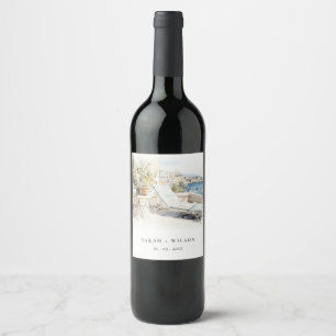 Curfu Greece Watercolor Landscape Wedding Wine Label