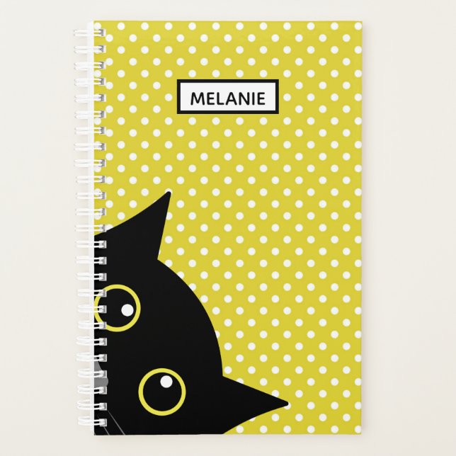 Curieux Chat Noir Polka Jaune Point Personnalisé (Devant)