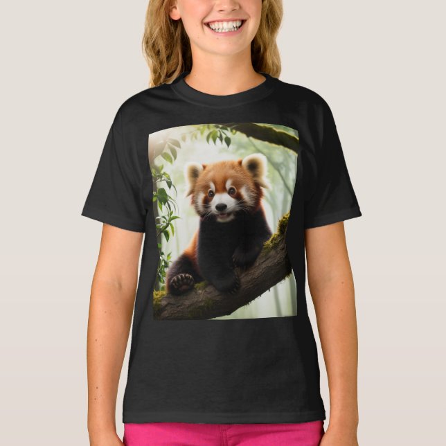 Curieux panda rouge sur un T-shirt à branche d'arb (Devant)