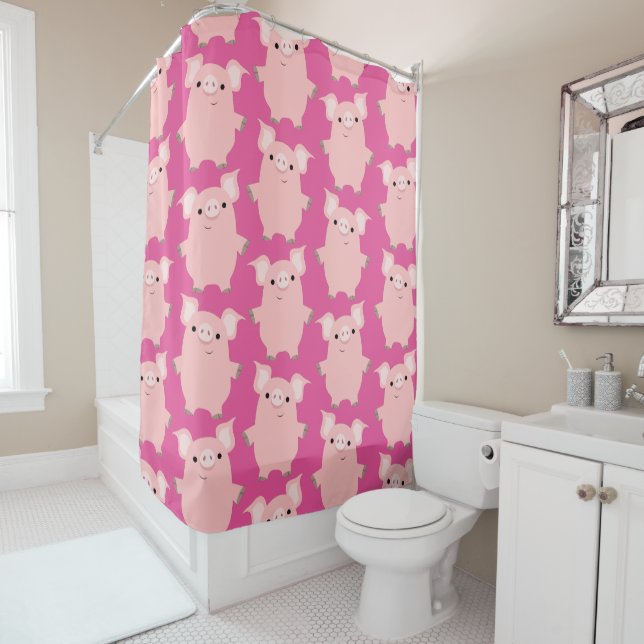 Curieux rideau de douche aux cochons caricaturaux (En situation)