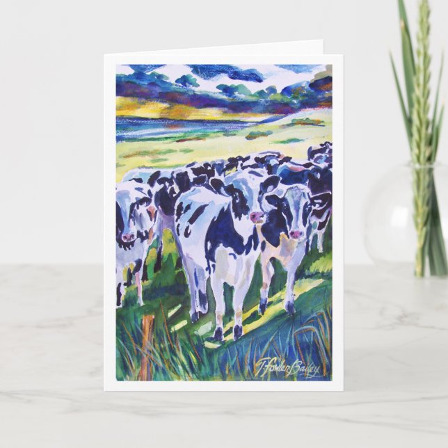 "Curiosity" original Watercolor of Dairy Cows Card (Front)