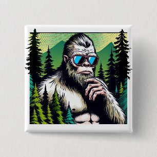 Curious Bigfoot with Sunglasses Hiding in Woods 2 Inch Square Button