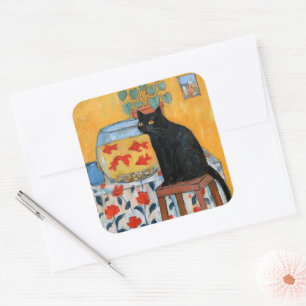 Curious Black Cat Watching Fishbowl Square Sticker