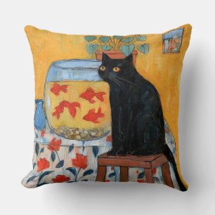 Curious Black Cat Watching Fishbowl Throw Pillow