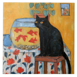 Curious Black Cat Watching Fishbowl Tile