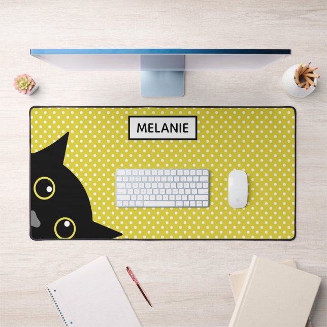 Curious Black Cat Yellow Polka Dot Personalised (Bureau 1)