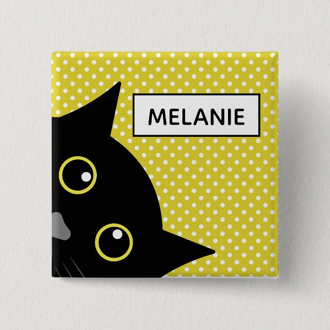 Curious Black Cat Yellow Polka Dot Personalised 2 Inch Square Button (Front)