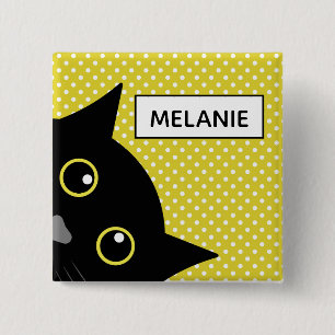 Curious Black Cat Yellow Polka Dot Personalised 2 Inch Square Button