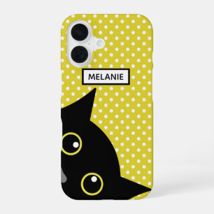 Curious Black Cat Yellow Polka Dot Personalised iPhone 16 Case