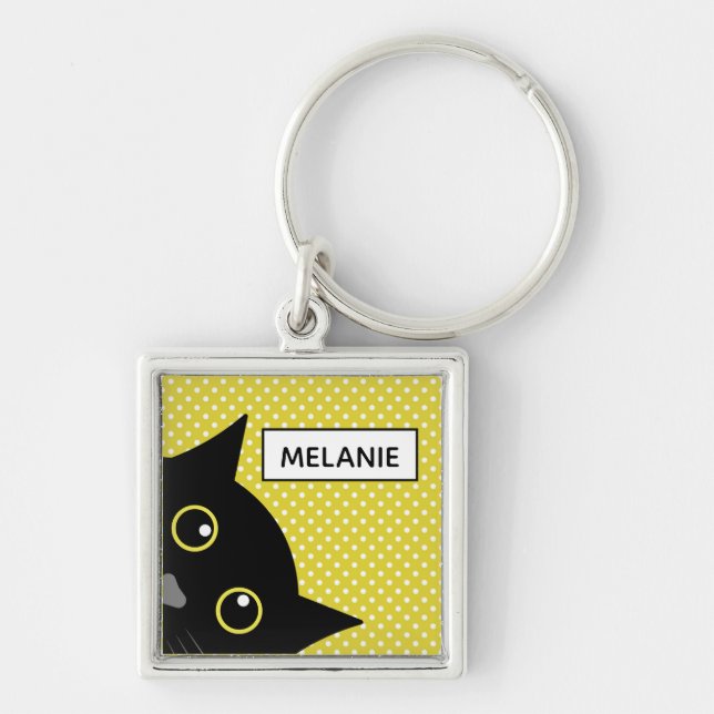Curious Black Cat Yellow Polka Dot Personalised Keychain (Front)
