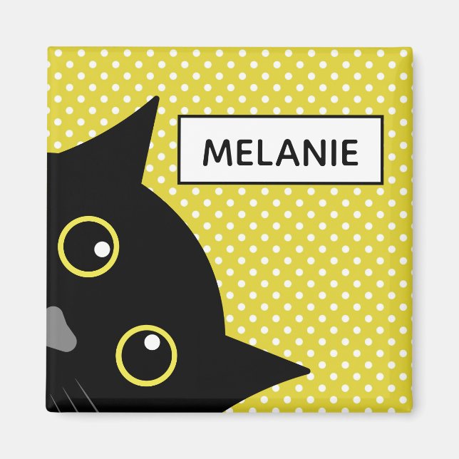 Curious Black Cat Yellow Polka Dot Personalised Magnet (Front)
