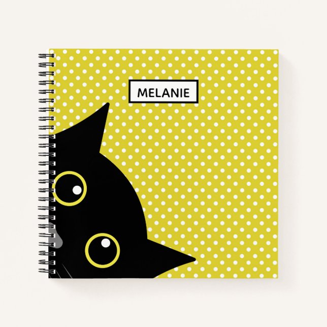 Curious Black Cat Yellow Polka Dot Personalised Notebook (Front)