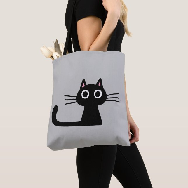 Curious Black Kitty Cat Kitten Fun Fashion Tote Bag (Close Up)
