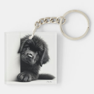 Curious Black Newfoundland Puppy Peeking Keychain