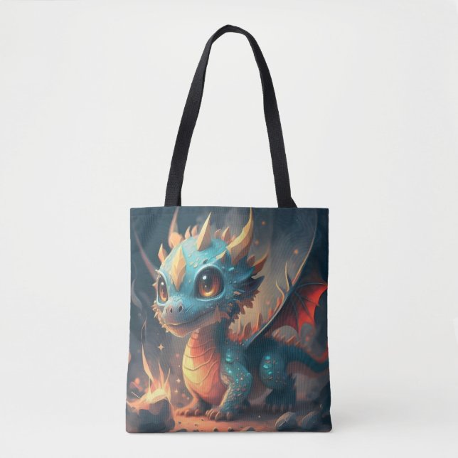 Curious Blue Chibi Dragon Tote Bag (Front)
