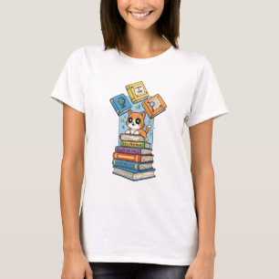 Curious Bookworm Kitten Illustration T-Shirt