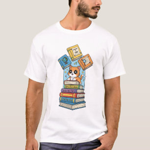 Curious Bookworm Kitten Illustration T-Shirt
