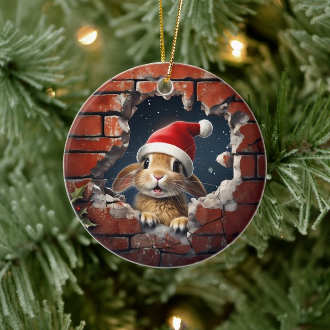 Curious Bunny in Santa Hat - 3D Ceramic Ornament (Tree)