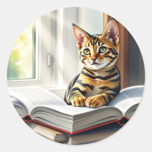 Curious Cat and Books Classic Round Sticker