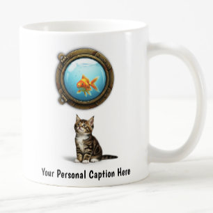 Curious Cat and Goldfish Inside a Porthole Coffee Mug
