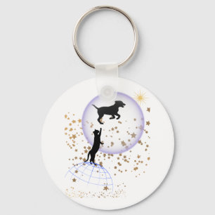 Curious cat and running dog keychain