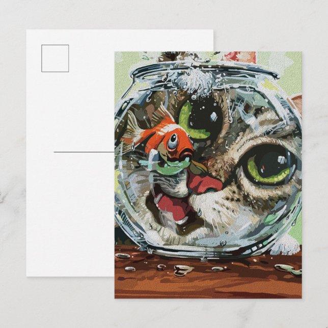 Curious Cat & Cautious Goldfish Postcard (Front/Back)