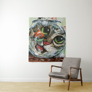 Curious Cat & Cautious Goldfish Tapestry