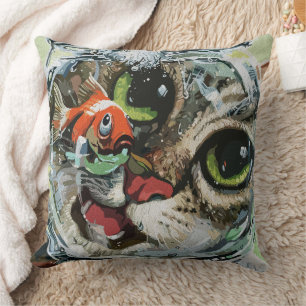 Curious Cat & Cautious Goldfish Throw Pillow