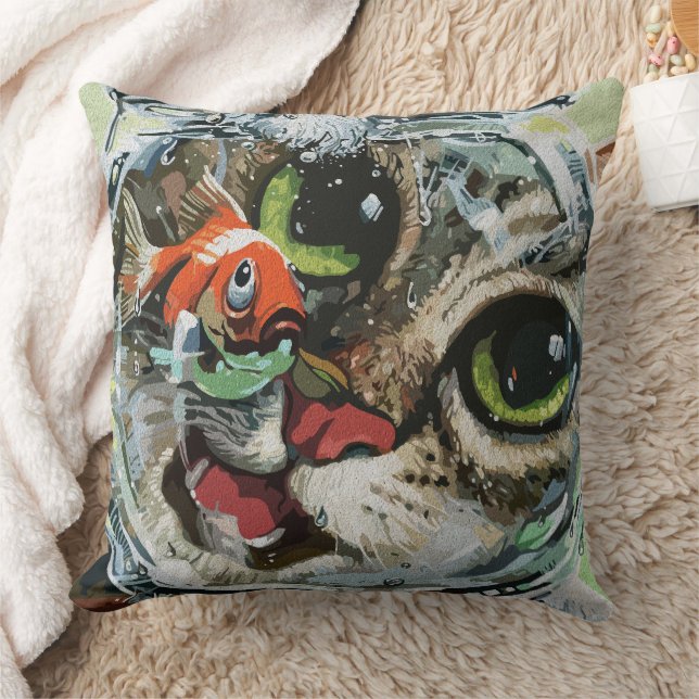 Curious Cat & Cautious Goldfish Throw Pillow (Blanket)