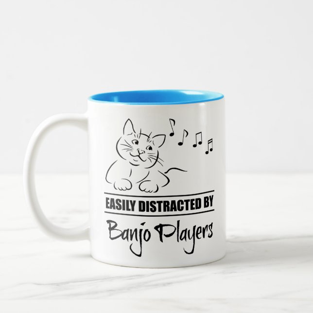 Curious Cat Easily Distracted by Banjo Players Two-Tone Coffee Mug (Left)