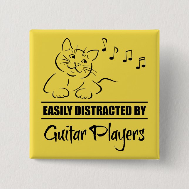 Curious Cat Easily Distracted by Guitar Players 2 Inch Square Button (Front)