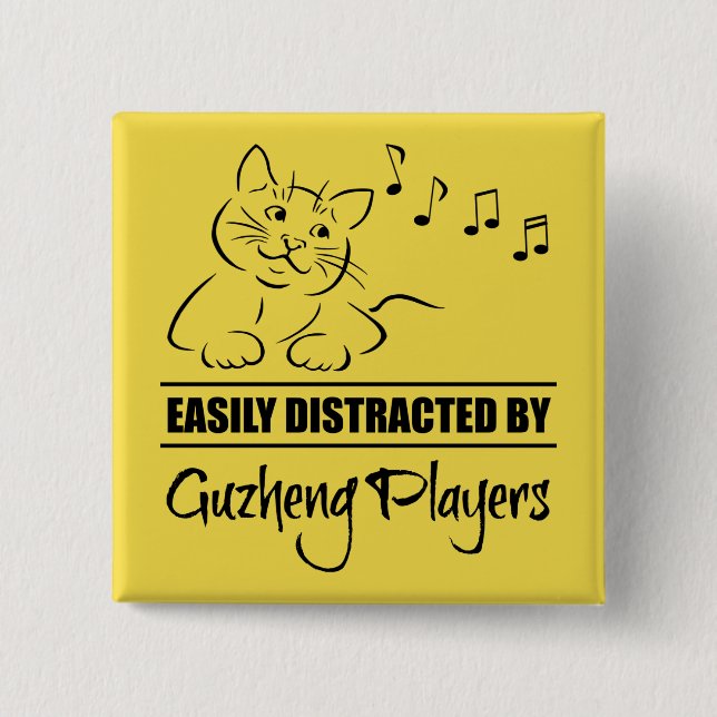 Curious Cat Easily Distracted by Guzheng Players 2 Inch Square Button (Front)