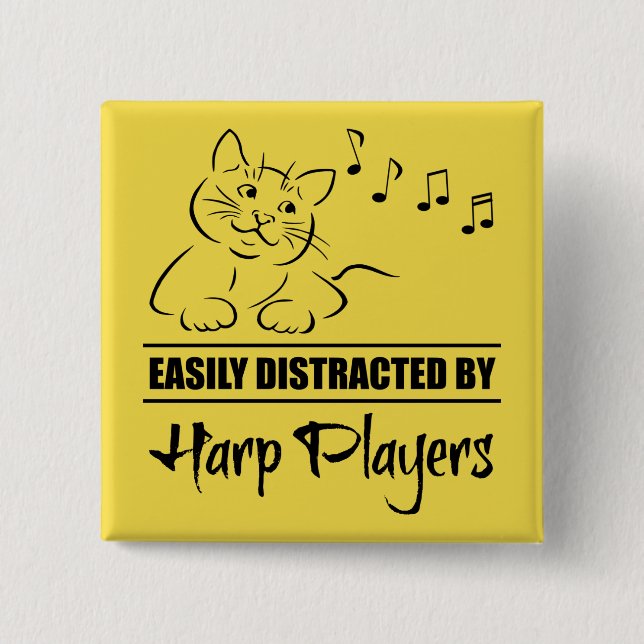 Curious Cat Easily Distracted by Harp Players 2 Inch Square Button (Front)