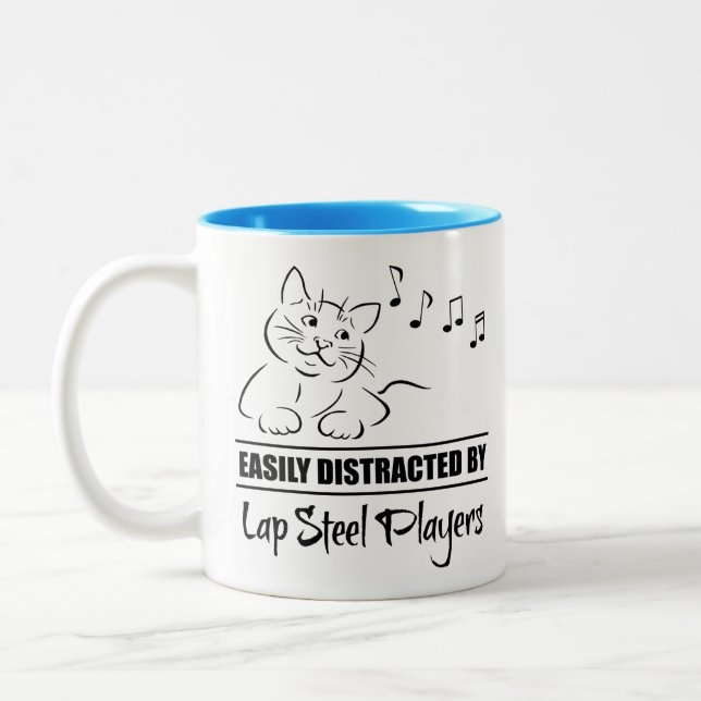 Curious Cat Easily Distracted by Lap Steel Players Two-Tone Coffee Mug (Left)