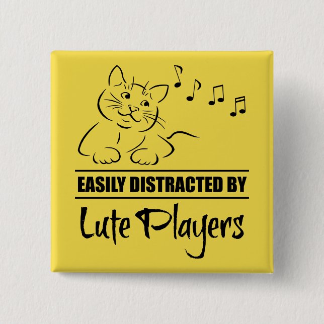 Curious Cat Easily Distracted by Lute Players 2 Inch Square Button (Front)