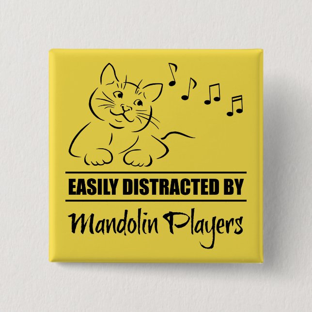 Curious Cat Easily Distracted by Mandolin Players 2 Inch Square Button (Front)