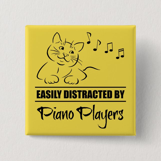Curious Cat Easily Distracted by Piano Players 2 Inch Square Button (Front)
