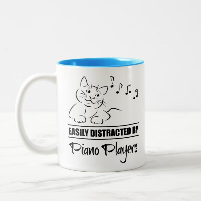 Curious Cat Easily Distracted by Piano Players Two-Tone Coffee Mug (Left)