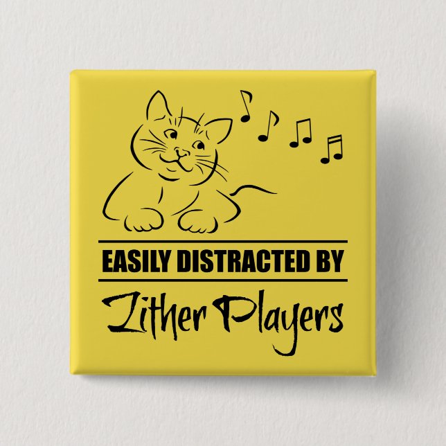 Curious Cat Easily Distracted by Zither Players 2 Inch Square Button (Front)