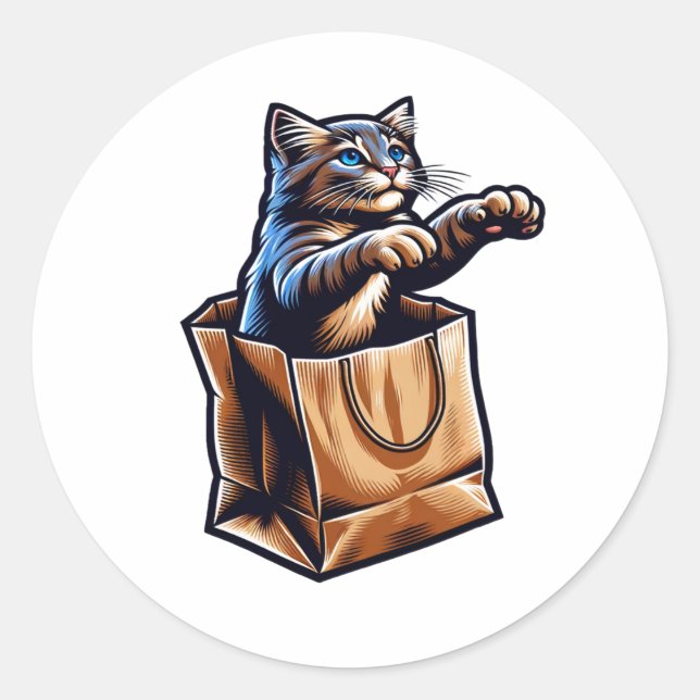Curious Cat in a Paper Bag Classic Round Sticker (Front)