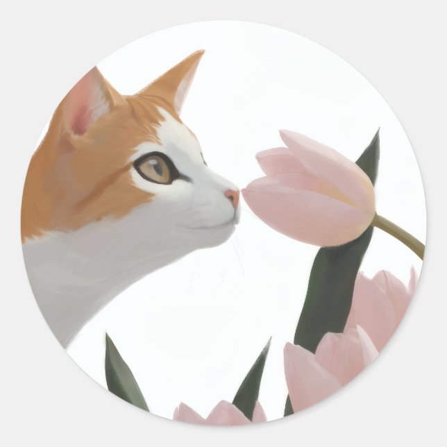 Curious Cat Spring Floral Classic Round Sticker (Front)
