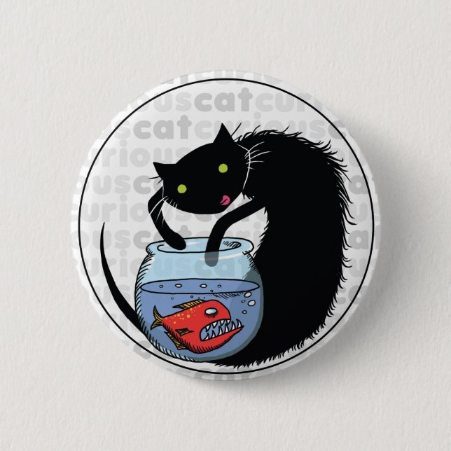 Curious Cat with Piranha 2 Inch Round Button (Front)