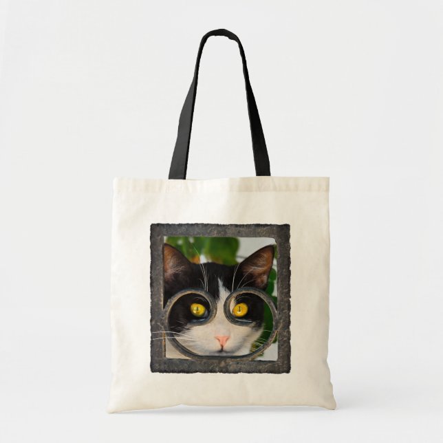 Curious Cat with Spectacles Frame Funny Pet Photo Tote Bag (Front)
