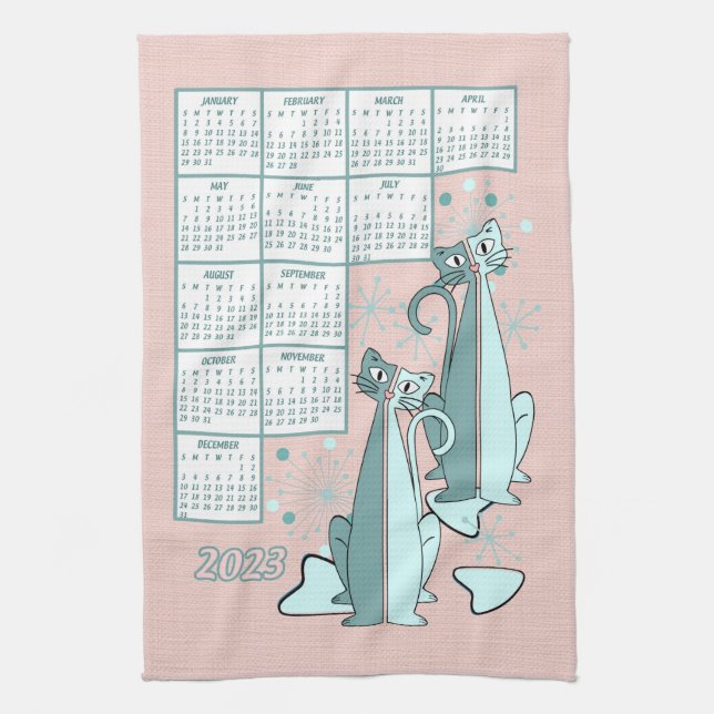 Curious Cats Retro Mid Century 2023 Calendar Kitchen Towel (Vertical)