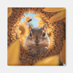 Curious Chipmunk Peeking Through Eaten Sunflower Magnet
