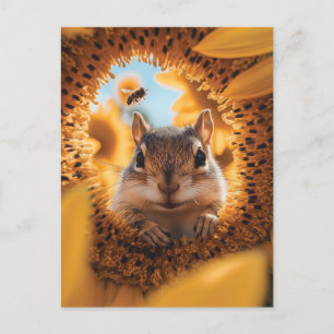 Curious Chipmunk Peeking Through Eaten Sunflower  Postcard