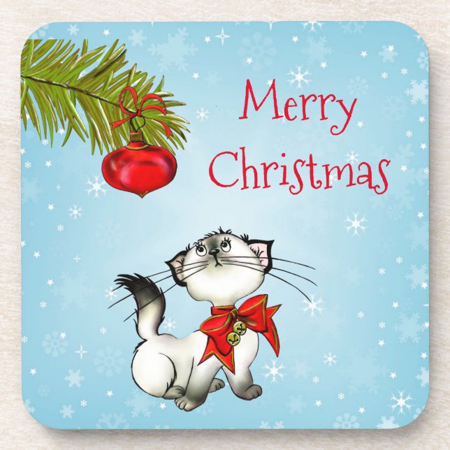 Curious Christmas Kitty With A Red Bow Coaster (Front)