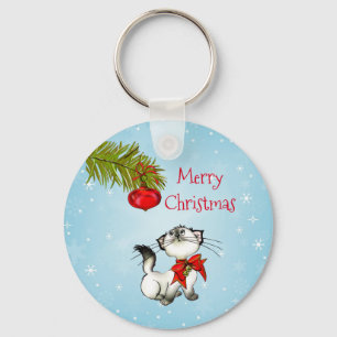 Curious Christmas Kitty With A Red Bow Keychain
