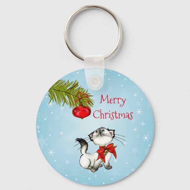 Curious Christmas Kitty With A Red Bow Keychain (Front)
