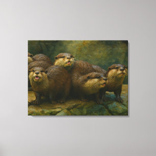 Curious Company – Otter Family on the Rocks Canvas Print
